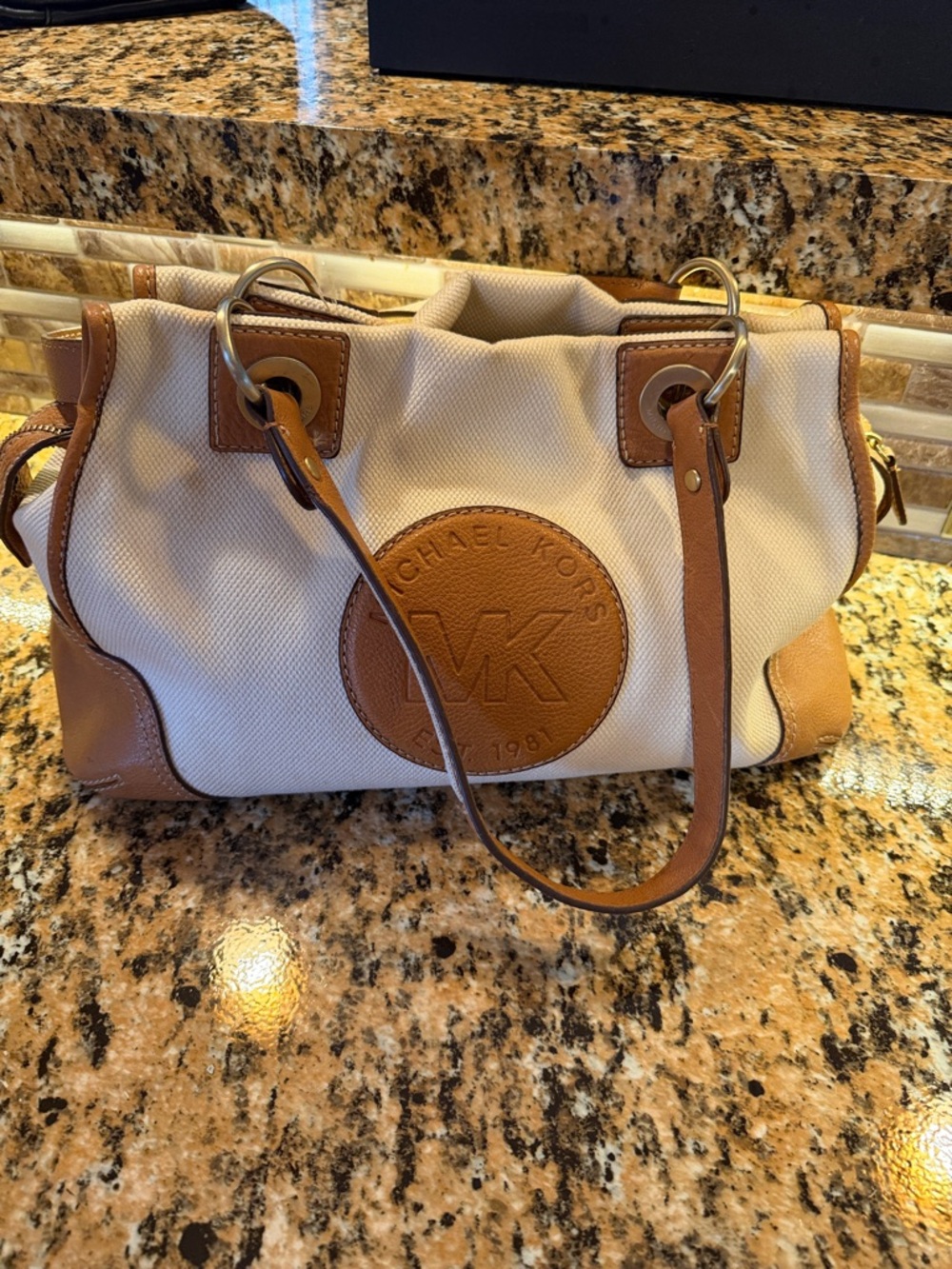 Michael Kors Cream Canvas Shoulder Bag with Brown Leather Trim